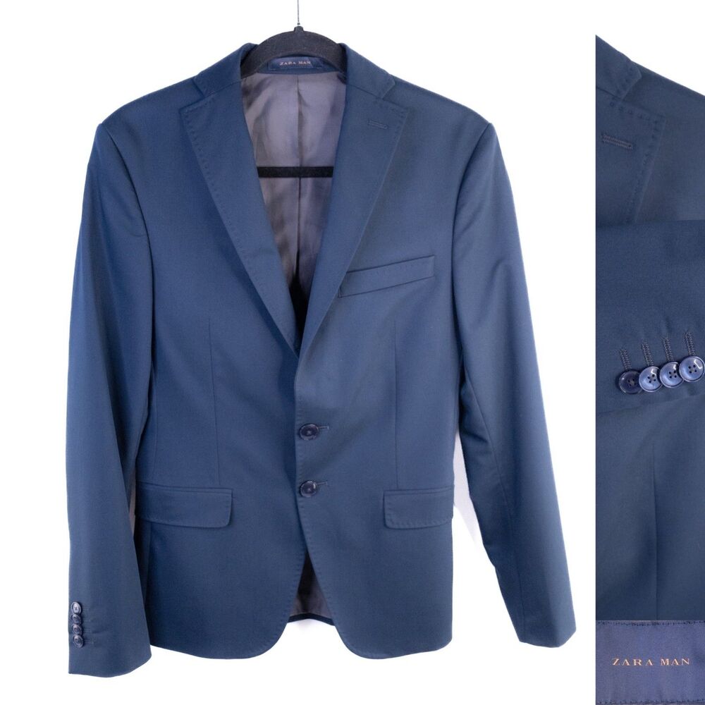 Zara Blazer Mens Sz 34 Solid Blue 2-Button Sport Coat Jacket Blazer Poly Blend